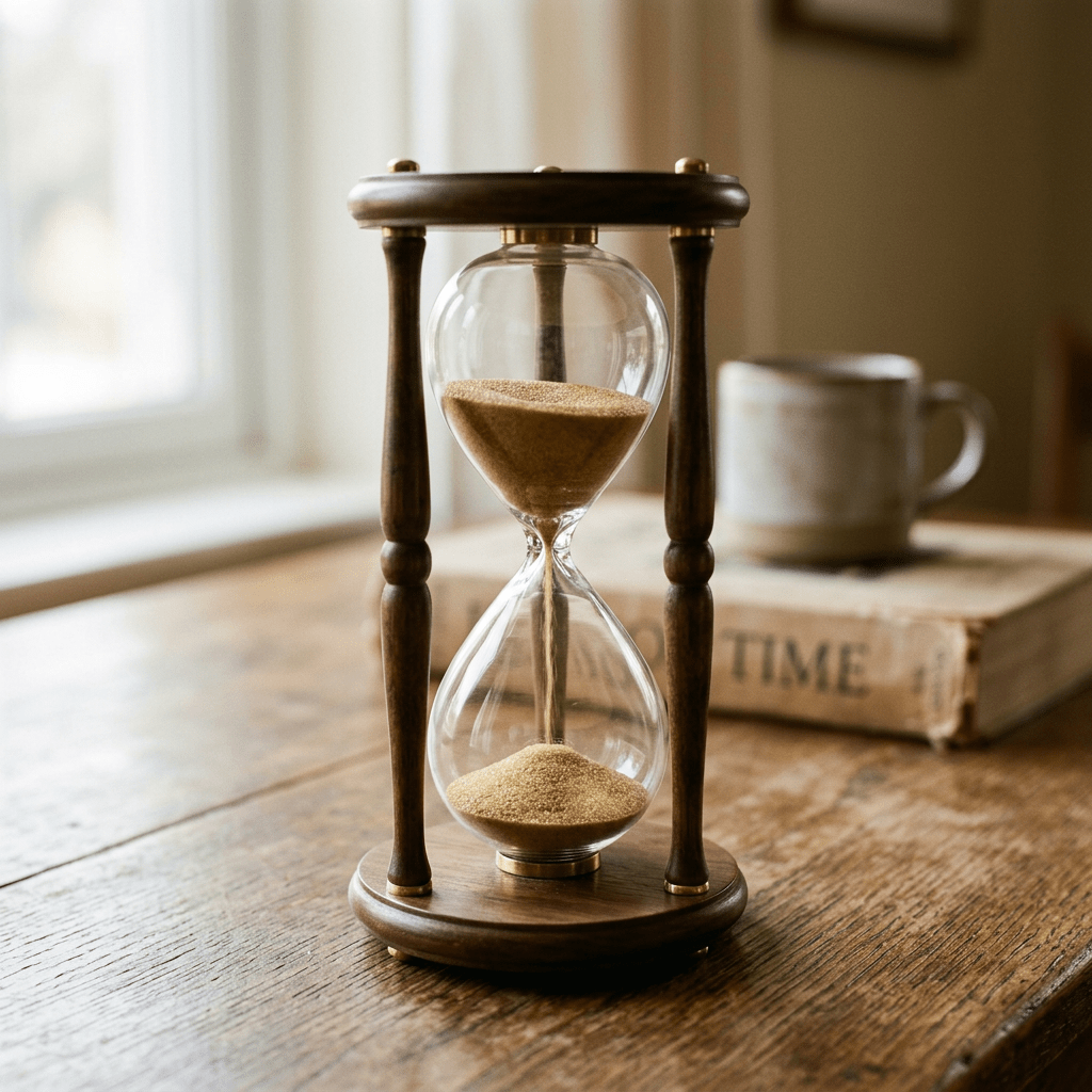 Wooden hourglass with yellow sand flowing on a wooden table